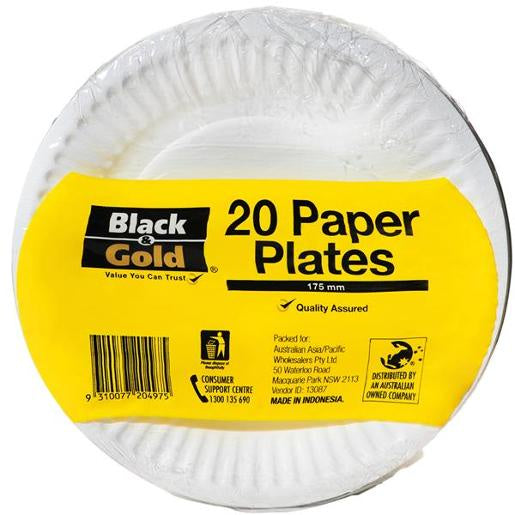 Black & Gold Paper Plates 180mm 20S