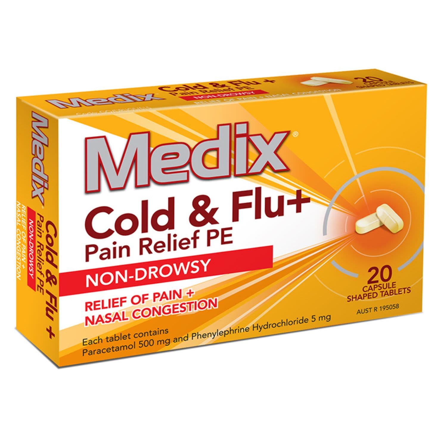Medix Cold & Flu + Pain Relief PE,  Non Drowsy 20