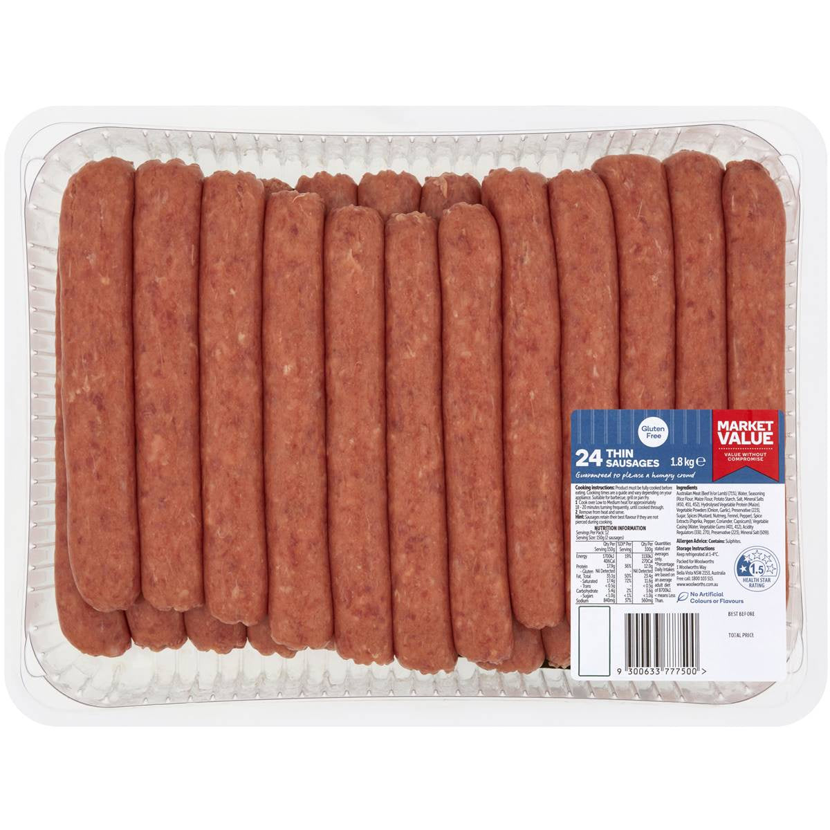 Woolworths Market Value Thin Sausage - 1.8Kg